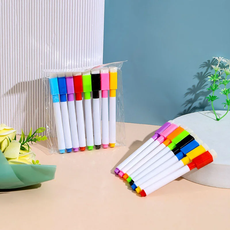 

8Pcs/lot Colorful black School classroom Whiteboard Pen Dry White Board Markers Built In Eraser Student children's drawing pen