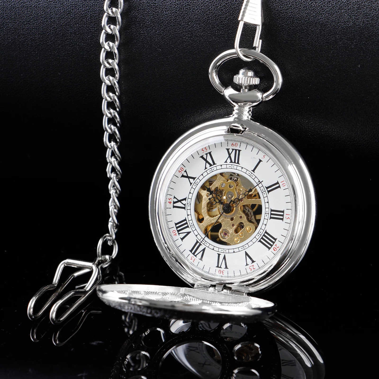 Casual Fashion Silver Roman Numerals Vintage Mechanical Pocket Watches For Men Women Hand Wind Fob Watch Half Hunter