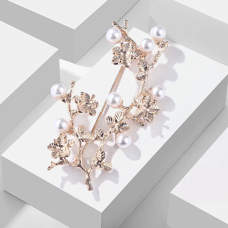 

TULX Elegant Plum Blossom Tree Shape Brooches for Women Pearl Charm Plum Flower Brooch Pins Wedding Bride Jewelry Accessories