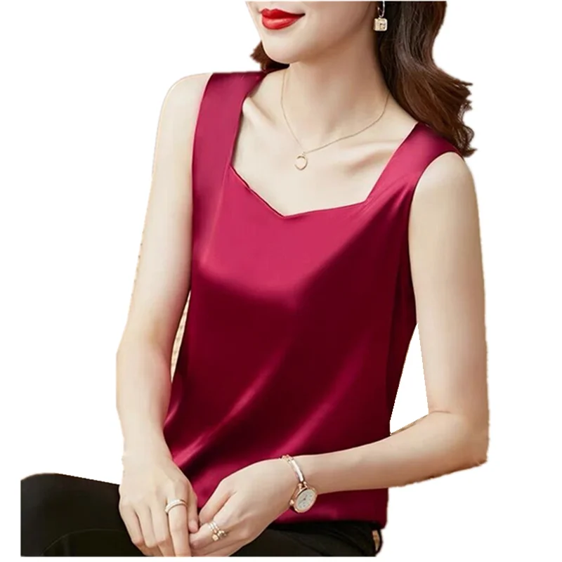 

New Women Acetate satin Office Lady Tops Korean Fashion Tank Top Summer Sleeveless artificial silk shirts Women Camis Black Red