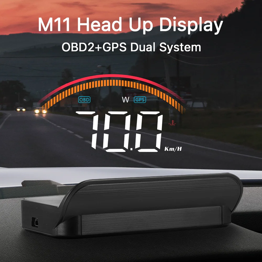 

M11 HUD Dual System OBD2 GPS Head Up Display Digital Speedometer With Water Temperature RPM Over Speeding Low Voltage Alarm