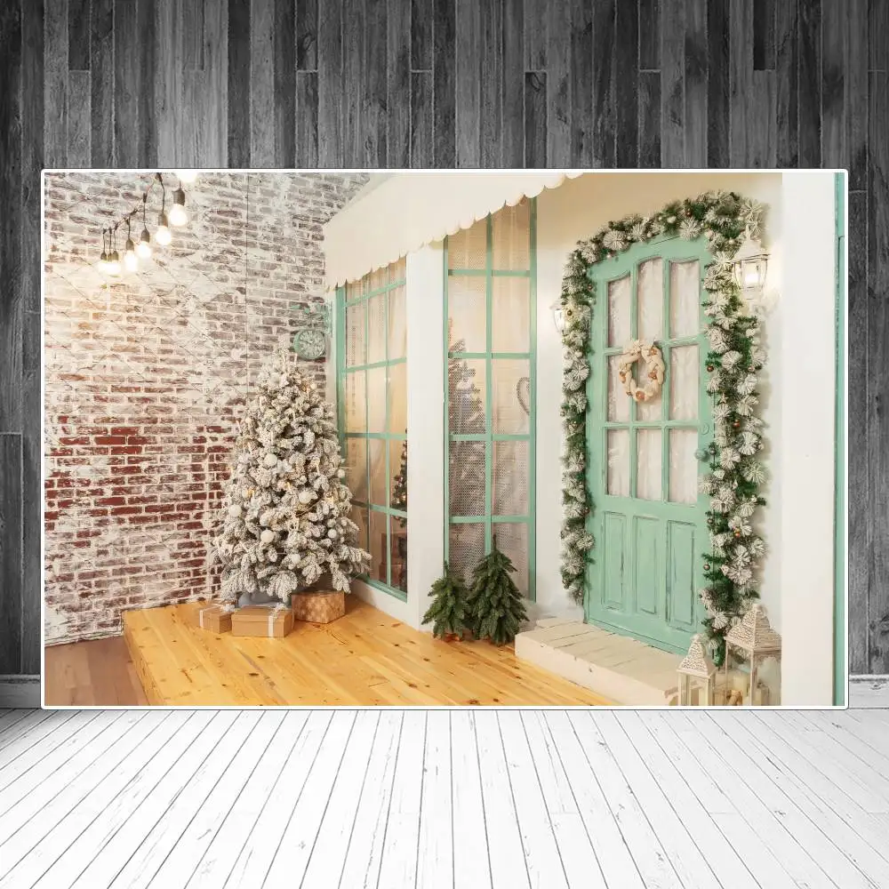 

Фон для фотосъемки с изображением рождественской елки гирлянды крыльца двери кирпичной стены