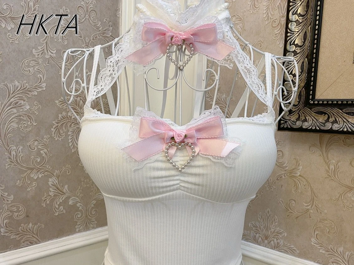 Y2K Aesthetic Kawaii Girls Sweet Rose Bow Белый жилет Женский шикарный жемчужный кружевной край