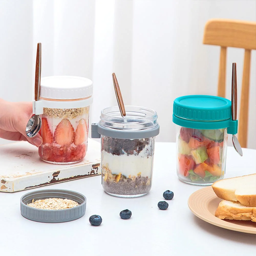 

Glass Jars Sealed Glass Cup with Lid & Spoon Holder for Yogurt Breakfast 350ML Yogurt Container with Scale gass