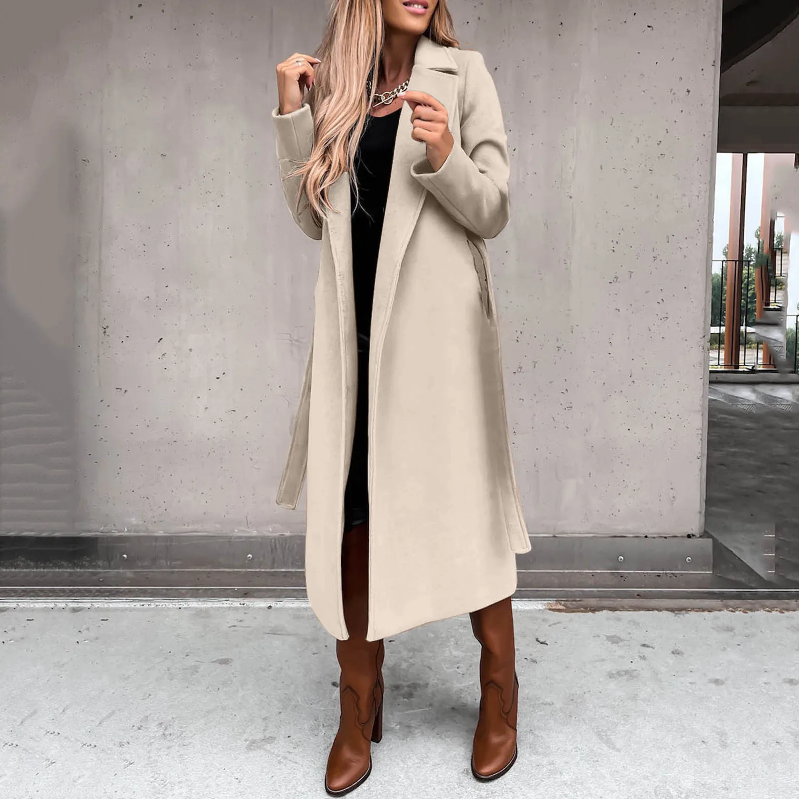 

Women'S Faux Wool Coat Blouse Thin Coat Trench Long Jacket Ladies Slim Long Belt Elegant Casual Fitted Jackets For Women