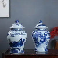 Ceramic Storage Jar with Lid Antique Blue and White Porcelain General Jar Vase Chinese Living Room Decoration Porch Ginger Jar