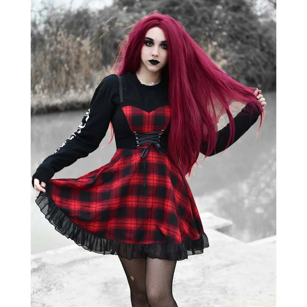 

2022 Summer Strap Sleeveless A-Line Women's Dress Fashion Red Plaid Swing Dress Gothic Punk Retro Short Party Daily Vestidos