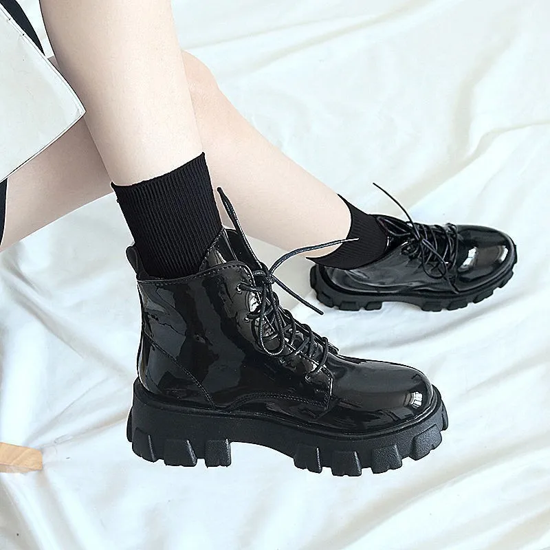 Women Platform Punk Rock Shoes Woman Harajuku Ankle Boots Booties Luxury Designer Patent Leather Chunk Shoes New 2022