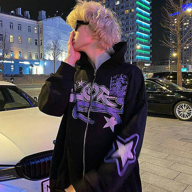 

Aesthetic Hoodie Fall Winter Streetwear Grunge Top Gothic Sweatshirt Men Women Y2K Zip Jacket Punk Cardigan Korean Clothes 90s