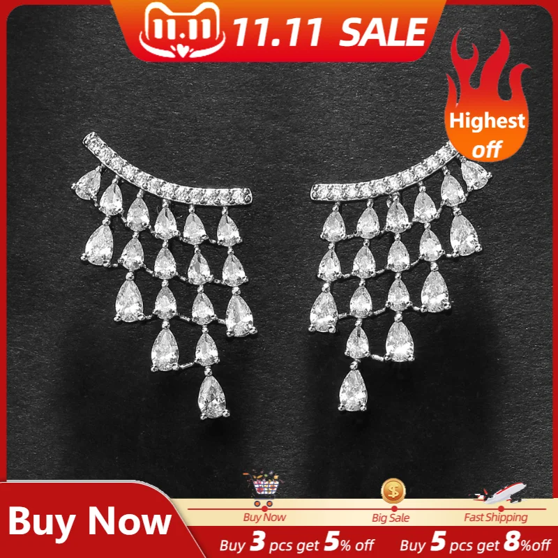 

JUNZI Fashion Elegant Angel Wing Feather Full Cubic Zirconia Dangle Earrings for Women Exquisite Sparkling CZ Bridal Jewelry