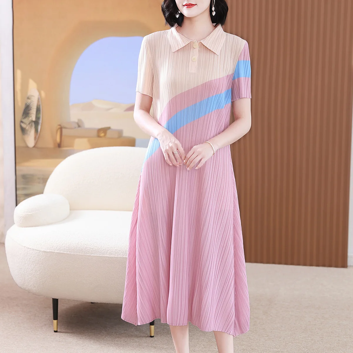 

Miyake Pleated Temperament Long Dress Women's Summer Mom Dress Short Sleeve 2023 New High-End Loose plus Size Plump Girls dress