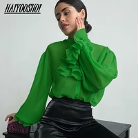 green chiffon shirt blouse elegant ruffle lapel lantern sleeve spring womens blouse casual fashion buttons down tops lady