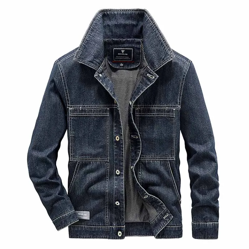 Men Cargo Vintage Casual Denim Jackets Multi Pockets Outdoor Jeans Coats Blue Loose FIt