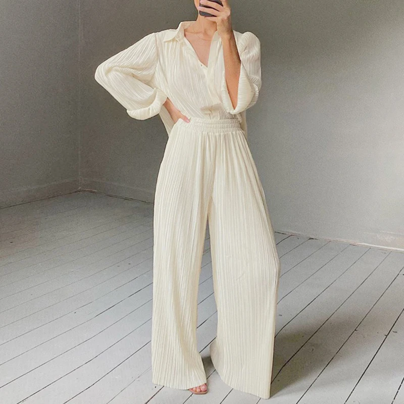 

Two Piece Sets Women Homewear Spring Folds Soft Shirt Casual Loose Tops And Drape Mopping Floor-Length Wide Leg Pants Suit