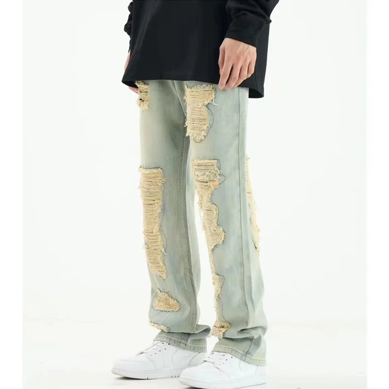 Men's Wear Vintage Casual Ripped Jeans Worn Yellow Mud Dyed Broad Leg Pants High Street Loose Straight Trousers Autumn Female