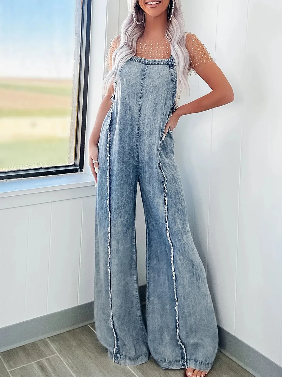 Женские джинсовые комбинезоны свободные винтажные потертые с квадратным