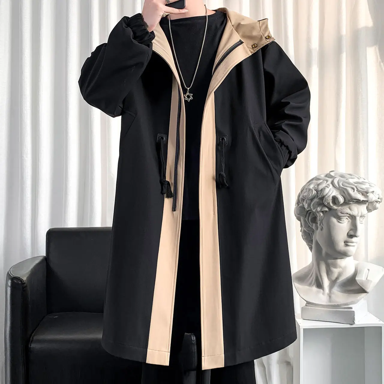 

2022 New Mid-length Trench Men's Hooded Hit Color Patchwork Loose Tops Casual Zipper Overcoat Trendy Personality Windbreaker Q58