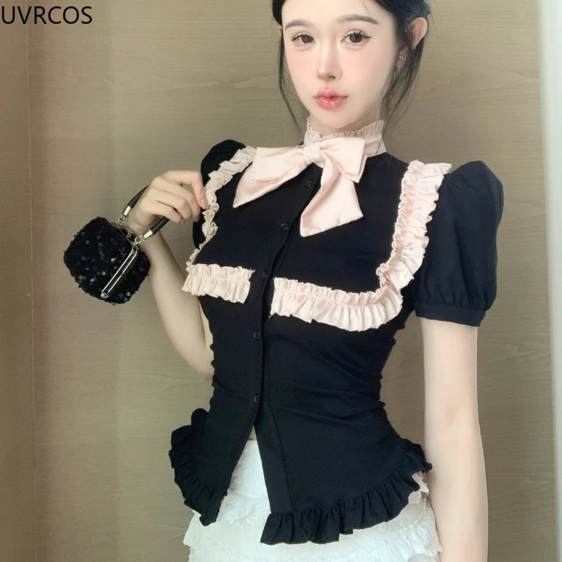 

Готическая Рубашка В Стиле Лолита Y2k с бантом, японский винтажный элегантный облегающий топ с оборками и коротким рукавом, Женская корейская мода, темпераментные укороченные топы
