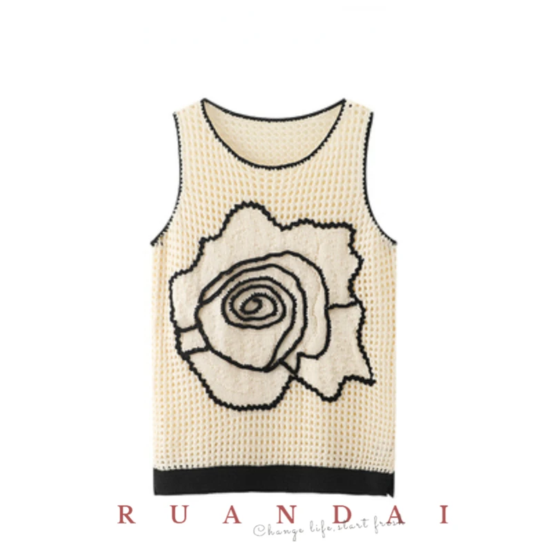 

RUANDAI Hollow V-neck Vest 2022 Summer New Hand-woven Rose Sleeveless Mid-length Knitted Sweater with Free Shipping
