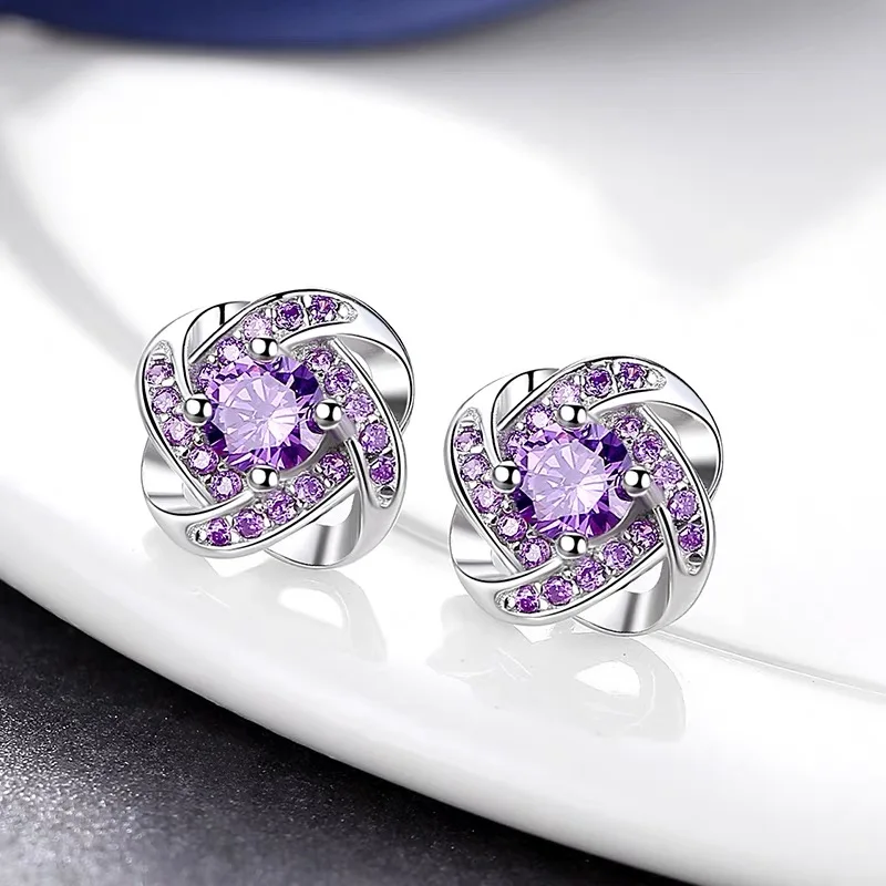 

2022 New Trend Purple Zircon Flower Stud Earrings Fashion Charm Woman Tibetan Silver 925 Earring Cute Girl Party Jewelry Gift