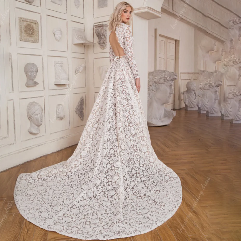 

Lace Mermaid Applique Wedding Dress Elegant V Neck Long Sleeve Bridal Dress Sexy Openback Bridal Gowns robe de marié