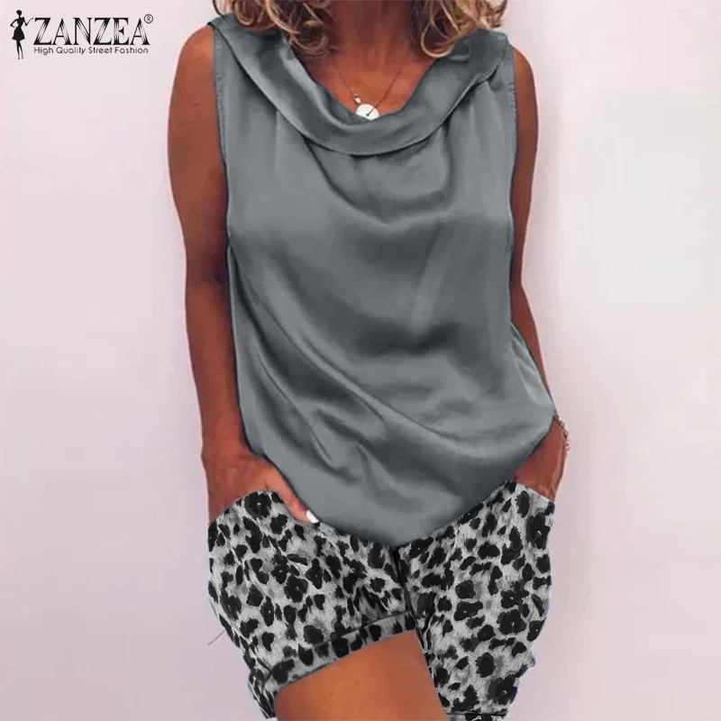 

Leopard Printed Short Women Casual Solid Tracksuit ZANZEA Vintage 2PCS Satin Tank Top 2022 Summer Elegant Short Sets Party Suits
