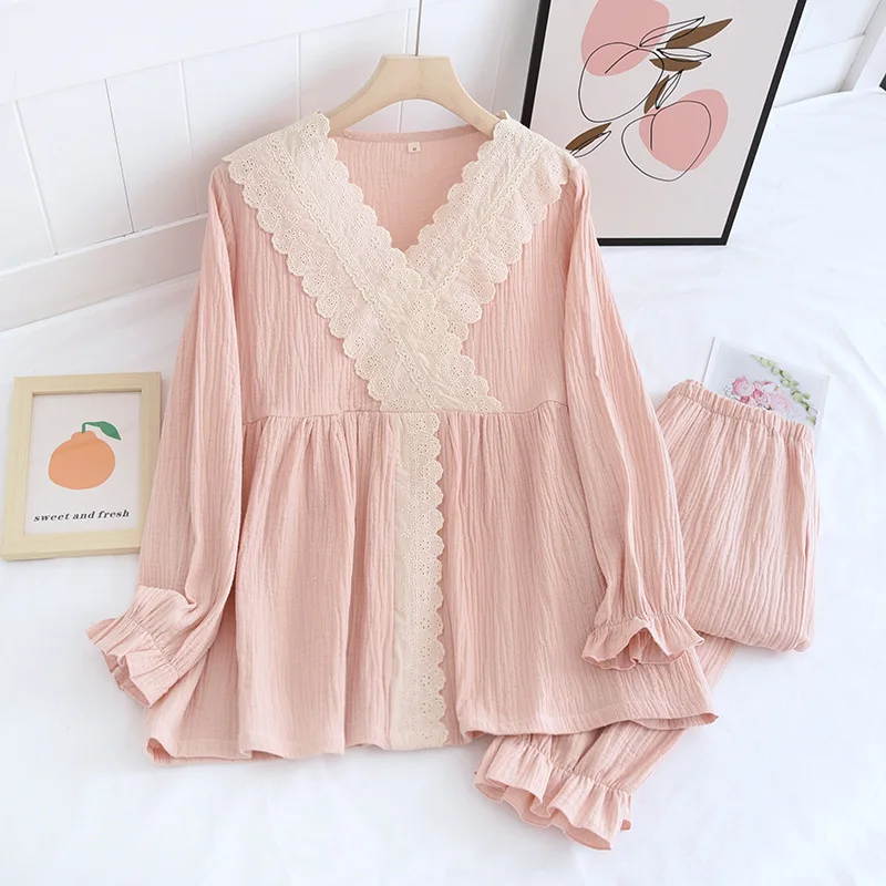 Nightclothing 2 Piece Set Ladies Thin Crepe Cotton Lace V-Neck Crossover Four Seasons Long Sleeve Pullover Seekers Pijamas Women