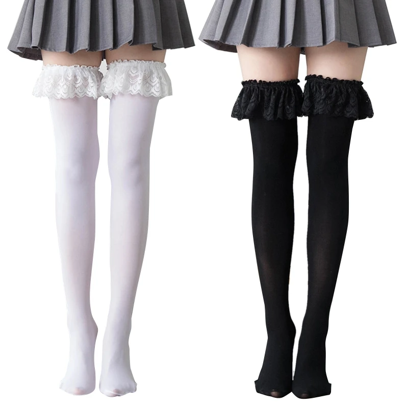 

1 Pair Solid Color Thigh Highs Stockings with Ruffle Lace Trim for Women