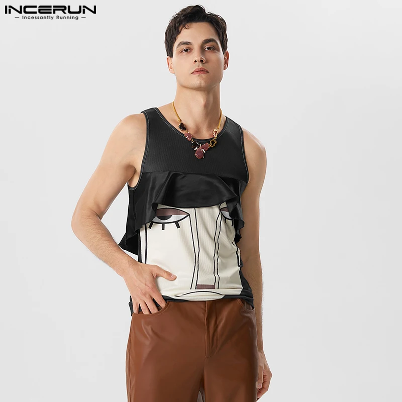

INCERUN Tops 2023 Handsome New Men's Funny Cartoon Abstract Face Mask Printing Pattern Vests Ruffle Brim Design Tank Tops S-5XL