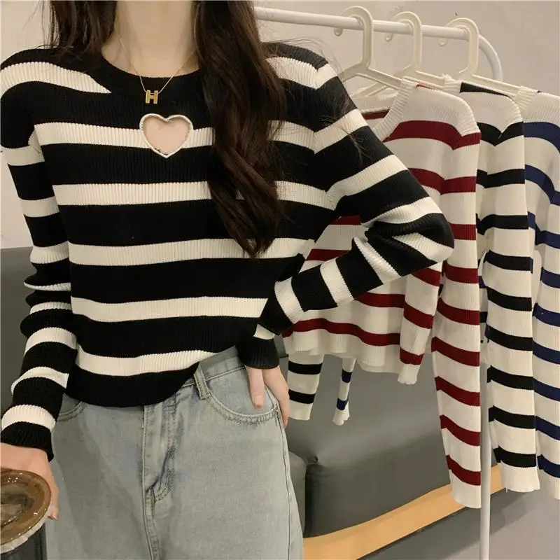 

Fashion Striped Knitted Bottoming Shirt Women's Underwear Thin Section Spring Autumn Sweater Long Sleeve Retro Round Neck Shirt