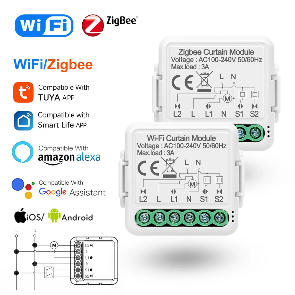 

Tuya Smart Wifi/Zigbee Shutter Curtain Switch Module 1/2Gang Mini Size Smartlife APP Remote Control Works With Alexa Google Home