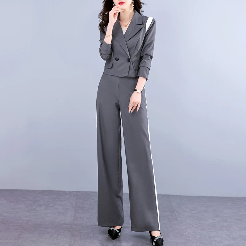 

Женский офисный костюм из 2 предметов, повседневный пиджак с широкими штанинами и брюки с высокой талией в Корейском стиле, элегантный укороченный топ