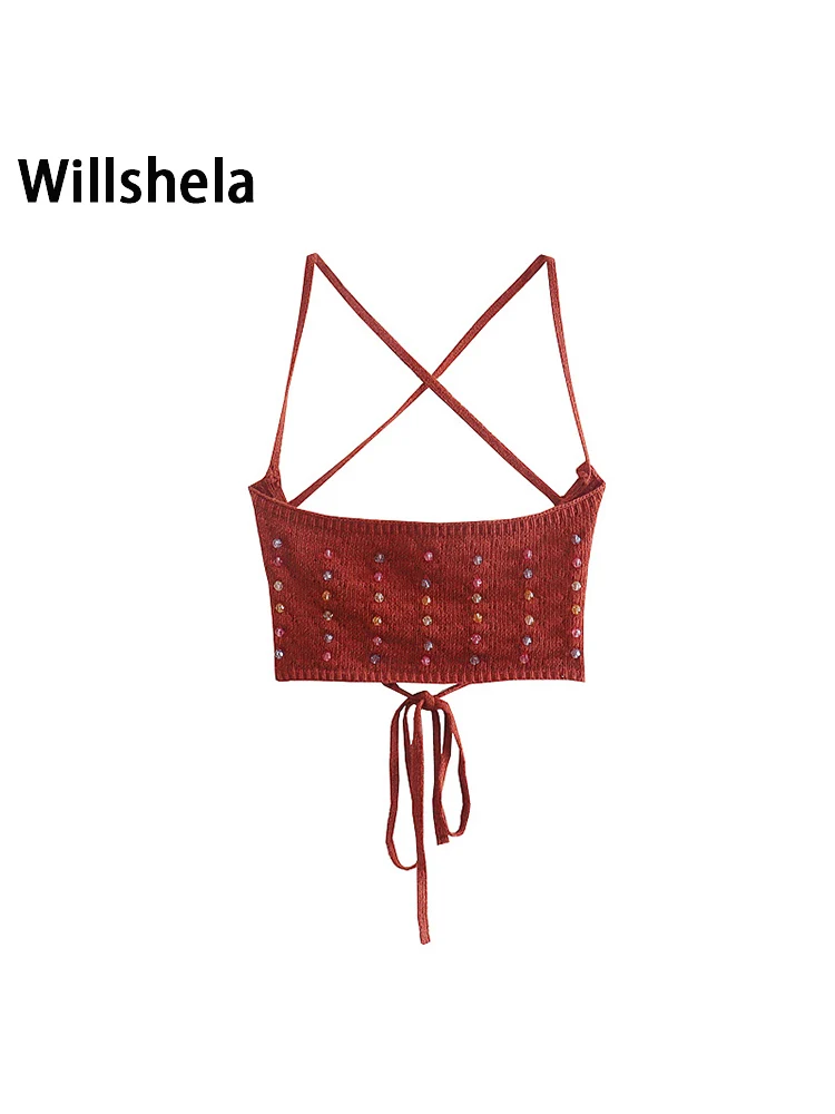 

Willshela Женская мода с бисером Бандаж с открытой спиной вязаный укороченный топ винтажные тонкие бретельки квадратный воротник женские топы