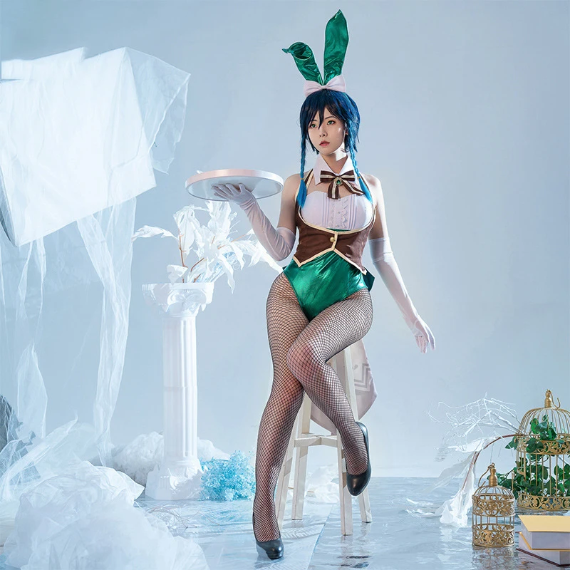 

Аниме игра Genshin Impact Venti Bunny Girl Косплей Хэллоуин женский зеленый костюм для девочек сексуальный милый комбинезон кожаный кролик Cos