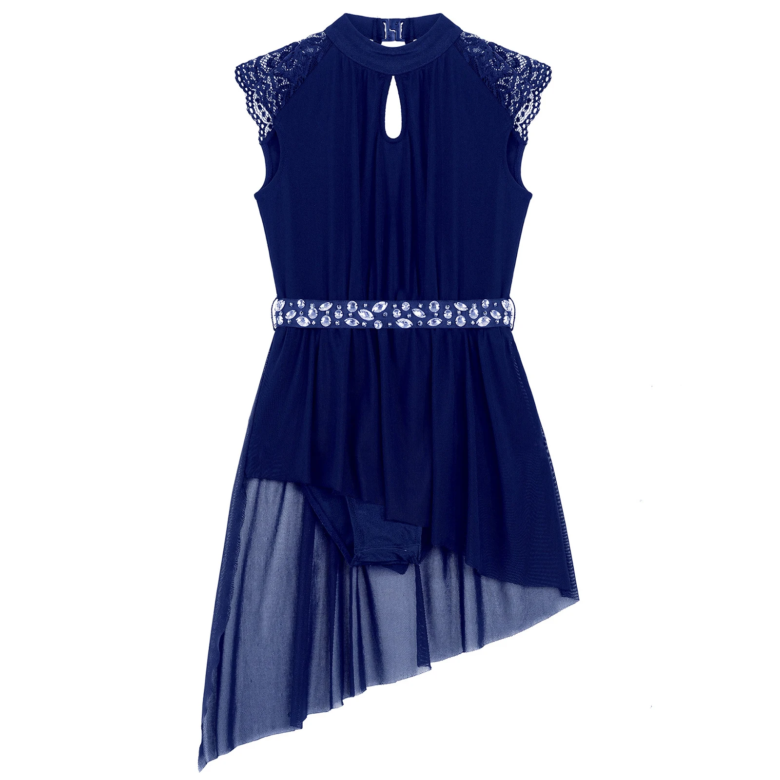 Kids Girls Elegant Lyrical Dance Dress Lace Asymmetrical Tulle Ice Figure Skating Dress with Rhinestone Belt Gymanstcs Leotard