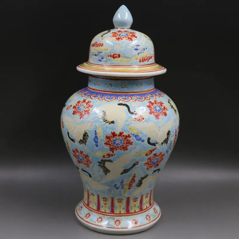 

Sky Blue Ceramic Vase Rustic Luminous Porcelain Vase Night Light Crane Swan Bird Print Chinese Vase with Lid Jar Tall 16 Inch