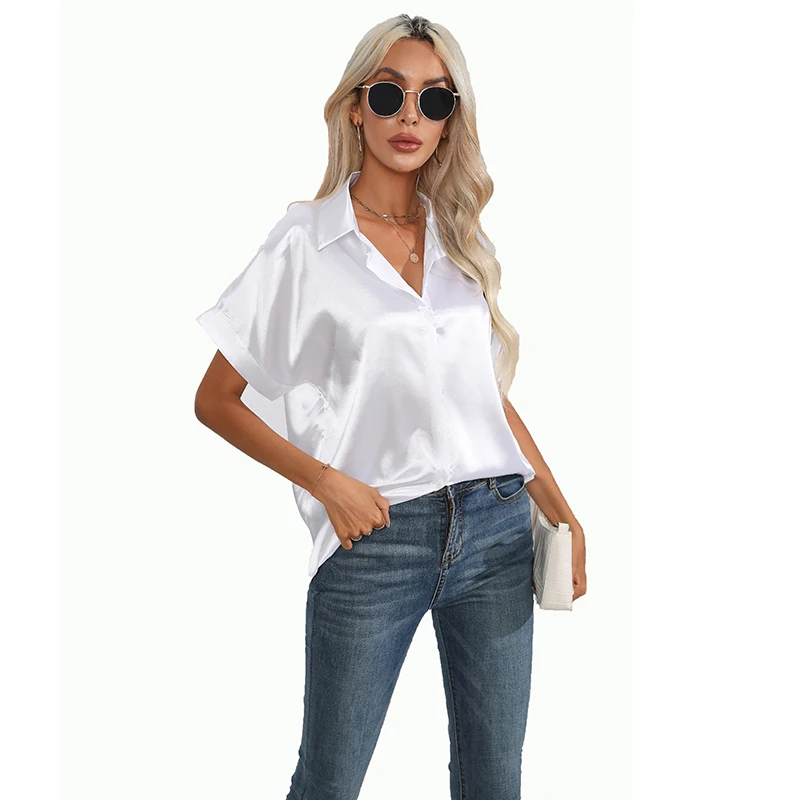 

2023 Summer Female Silk Shirts Short Sleeve Turn-down Collar Solid Color Woman Clothes Elegant Office Lady Blouses Wholesale