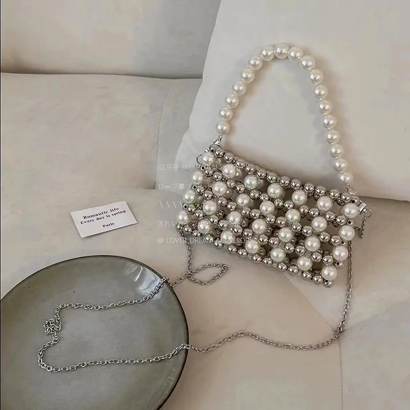 

New Retro Silver Metal Wind Bag French European and American Sweet and Cool Girly Imitation Pearl Underarm Bag Shoulder Bag