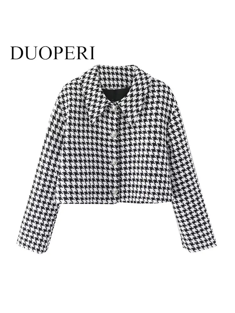 

DUOPERI Women Fashion Plaid Jackets Vintage Lapel Neck Single Breasted Long Sleeves Female Chic Lady Outfits