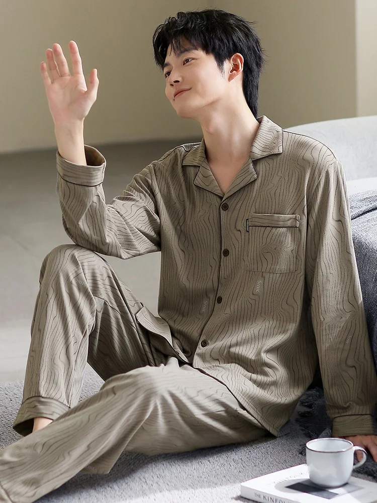 Пижамы мужские весенне-осенние хлопковые с длинными рукавами осенние тонкие