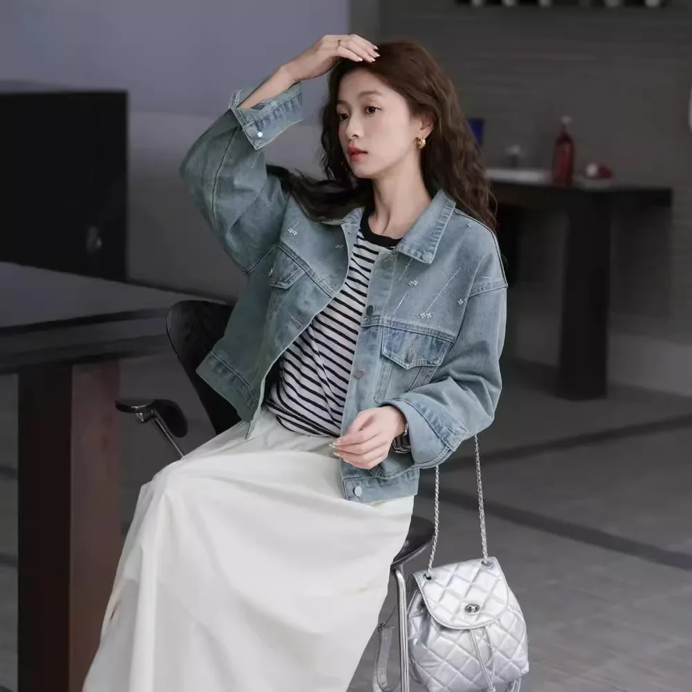 Винтажная джинсовая короткая куртка в американском стиле женская осенняя