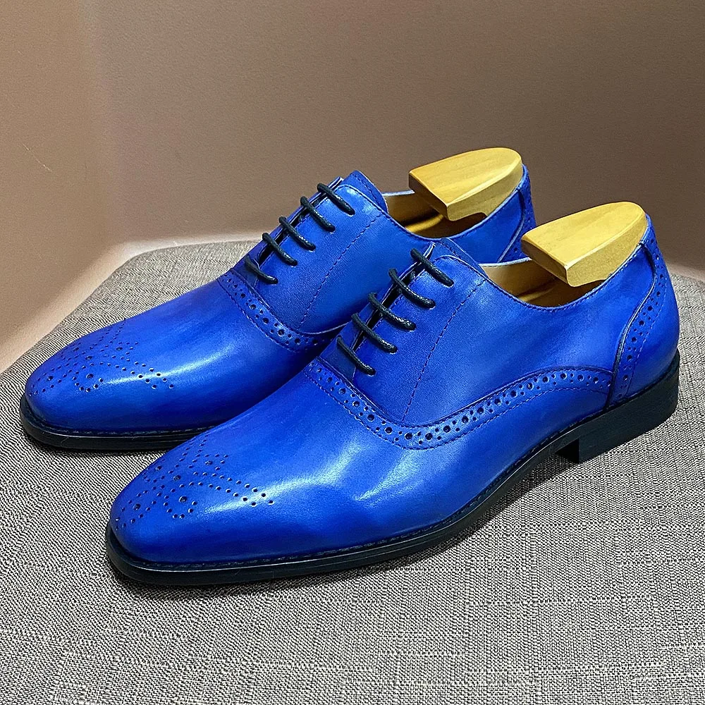 Fashion Brogue Formal Black Blue Lace-up Wedding Office Dress Genuine Leather Oxford Shoes For Man