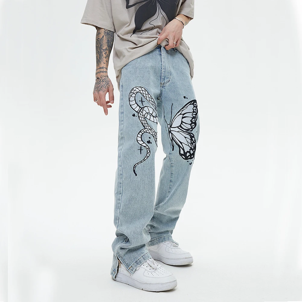

High Street Butterfly and Snake Embroidery Straight Jeans Pants Men's Ankle Zipper Retro Pockets Loose Denim Trousers Hip Hop