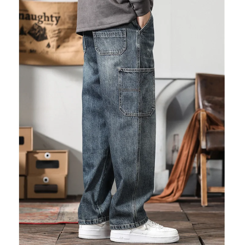 Men Clothing Vintage Loose Bluish Grey Jeans Straight Cylinder Cargo Pants Trousers Female 2022 Autumn and Winter New Pattern