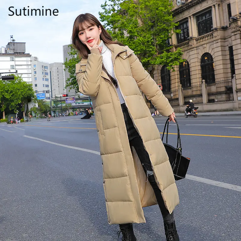Down Cotton Jacket Women Knee Length Korean Version Slim Cotton Jacket Coat Office Lady Winter Coat for Women Hooded Down Coats