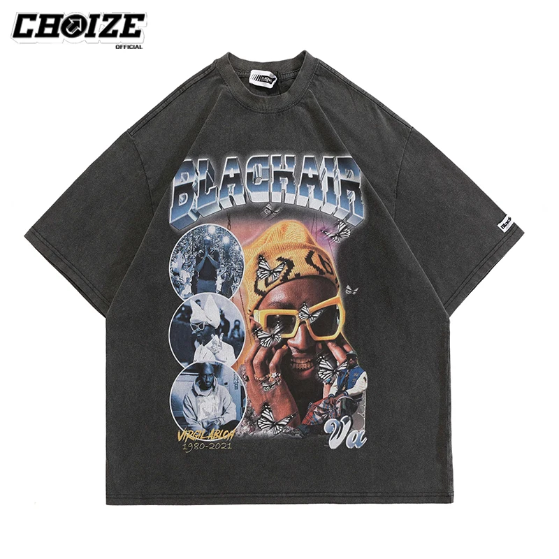 

2022 Streetwear T Shirt Men Cotton Harajuku Portrait Graphic Printed Tshirt Washed Hip Hop T-Shirt Tops Tees Short Sleeve Summer