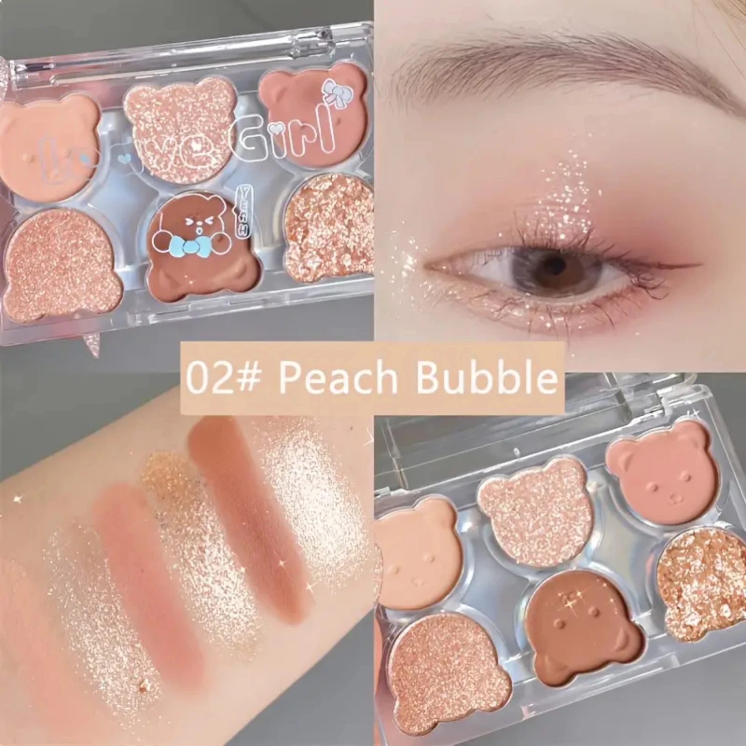Bright 6-Color Long Lasting Shiny Glitter Eyeshadow Contouring Powder Tray - Bear Plate Eye Shadow Palette for Girls 6 in 1
