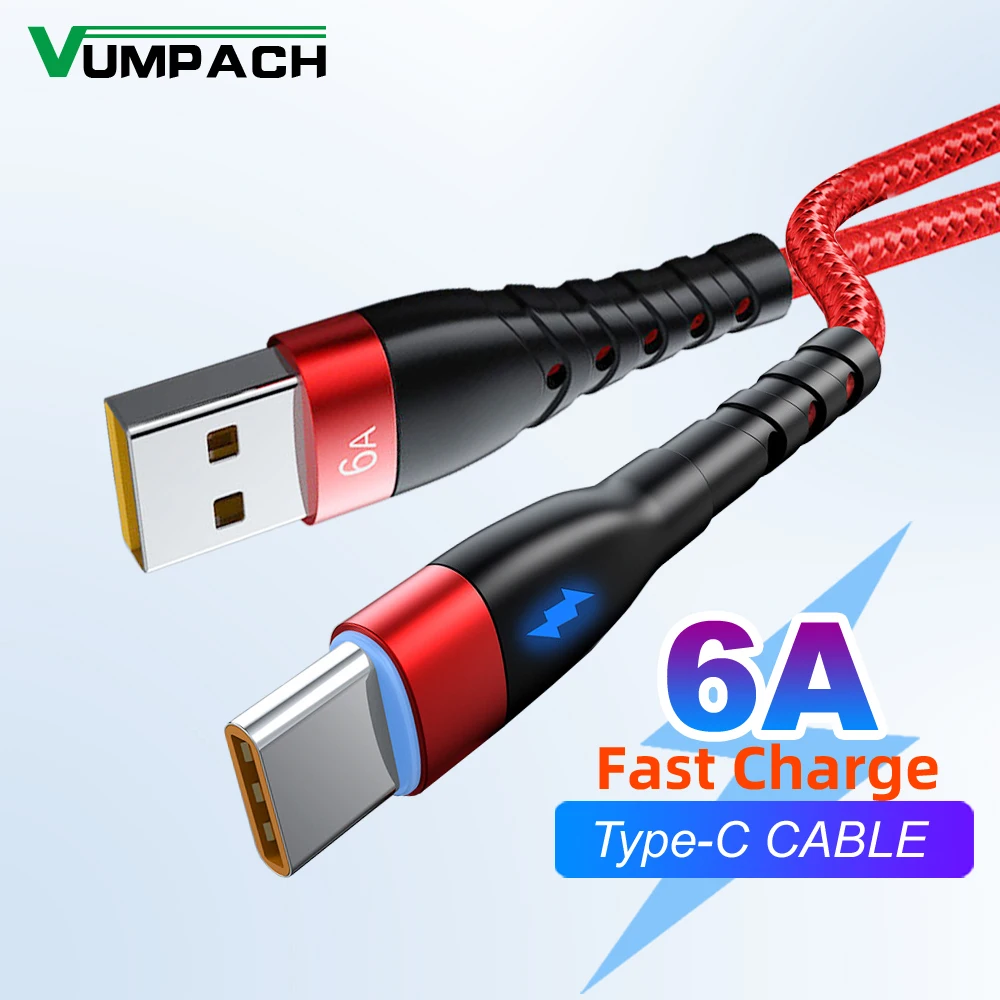 

Vumpach 6A 66W USB Type C Cable For Huawei P50/Honor Fast Charging USB C Charger Cable LED Indicator Data Cord Xiaomi Samsung