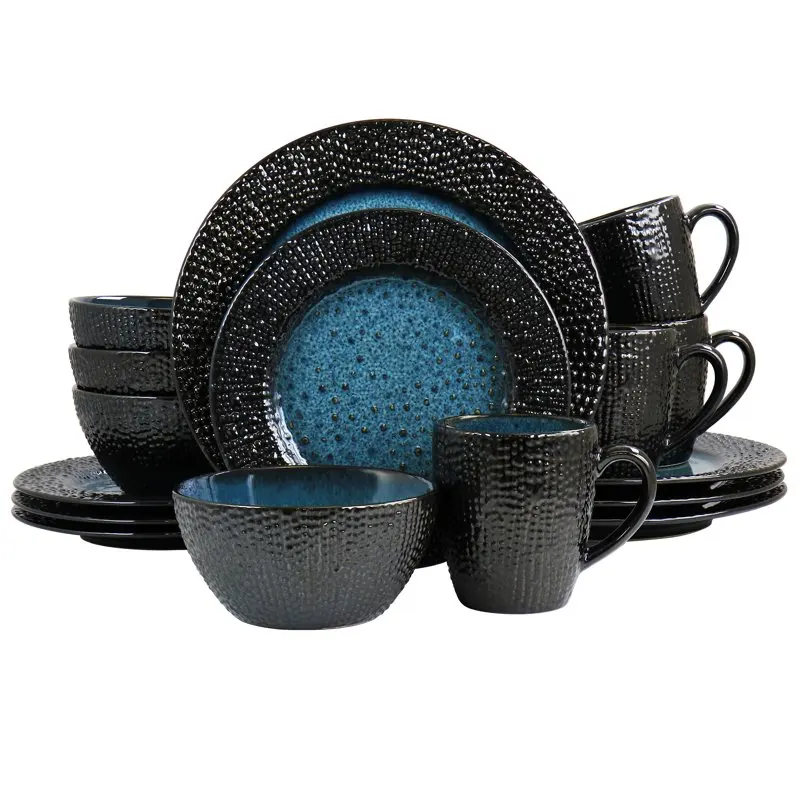 

Estevan 16 Pieces Round Textured Stoneware Dinnerware Set in Charcoal and Blue