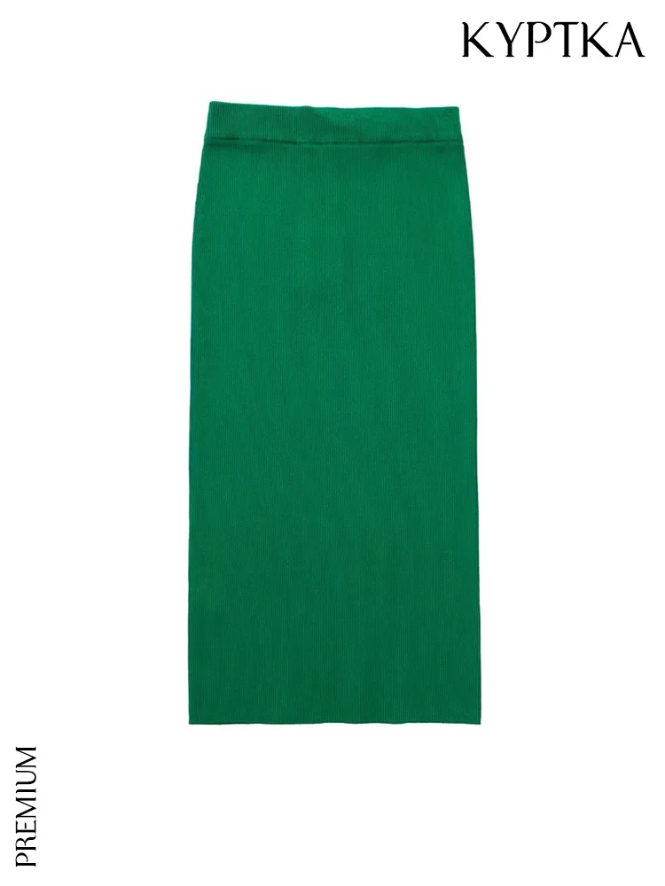 

KYPTKA Women Fashion Knitted Green Midi Pencil Skirt Vintage High Waist With Elastic Waistband Female Skirts Mujer
